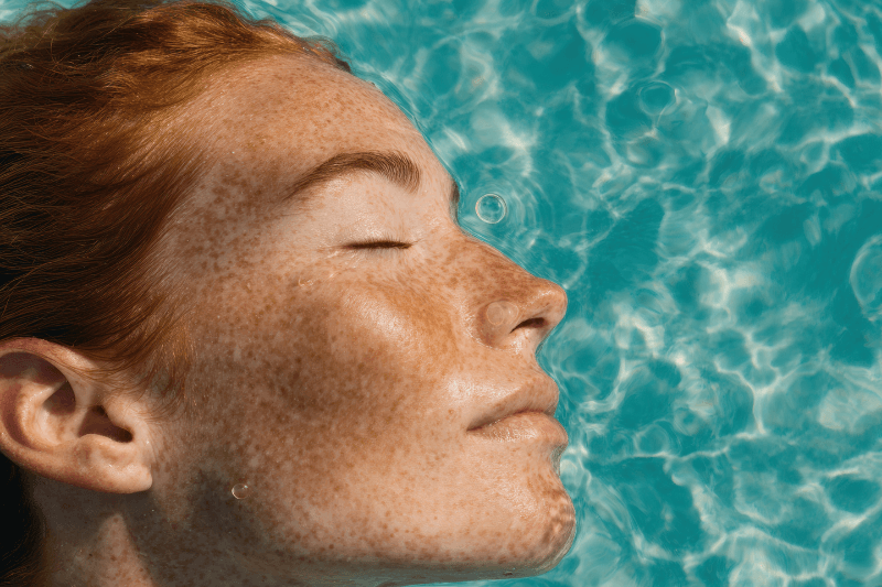 Primo piano del viso di una donna lentigginosa che galleggia in acqua con gli occhi chiusi, immagine evocativa dei segni lasciati dal sole sulla pelle e dell’importanza di trattare le discromie cutanee.