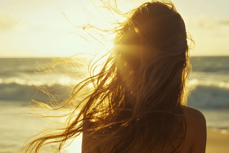 Donna di spalle in spiaggia sotto il sole, con i capelli mossi dal vento.