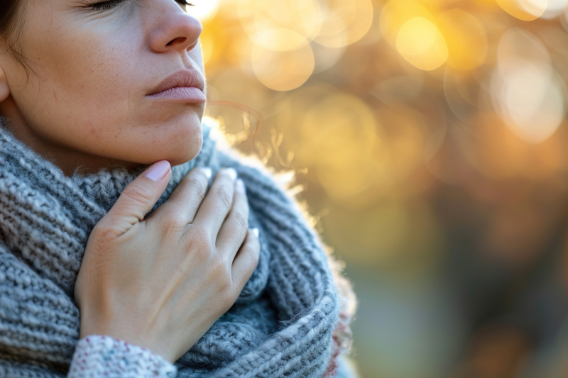 Donna avvolta in una sciarpa di lana che si tocca la gola, con espressione di fastidio, in un ambiente invernale.