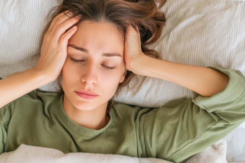 Donna sdraiata a letto con gli occhi chiusi e le mani alla testa, espressione di stanchezza e tensione che rappresenta i disturbi del sonno e i loro possibili effetti sulla salute.