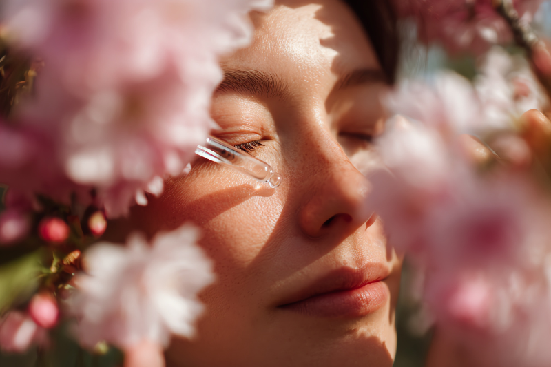Donna tra i fiori primaverili che applica un siero sul viso con una pipetta, gesto di skincare legato al cambiamento della pelle con la stagione.