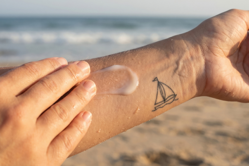 Persona che applica una crema solare su un tatuaggio al braccio in spiaggia, per proteggere la pelle dal sole e preservare il colore