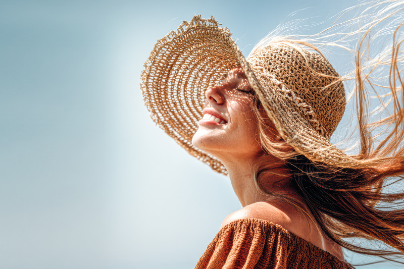 Donna con cappello di paglia a tesa larga, capelli mossi dal vento e viso rivolto verso il sole su sfondo di cielo azzurro.