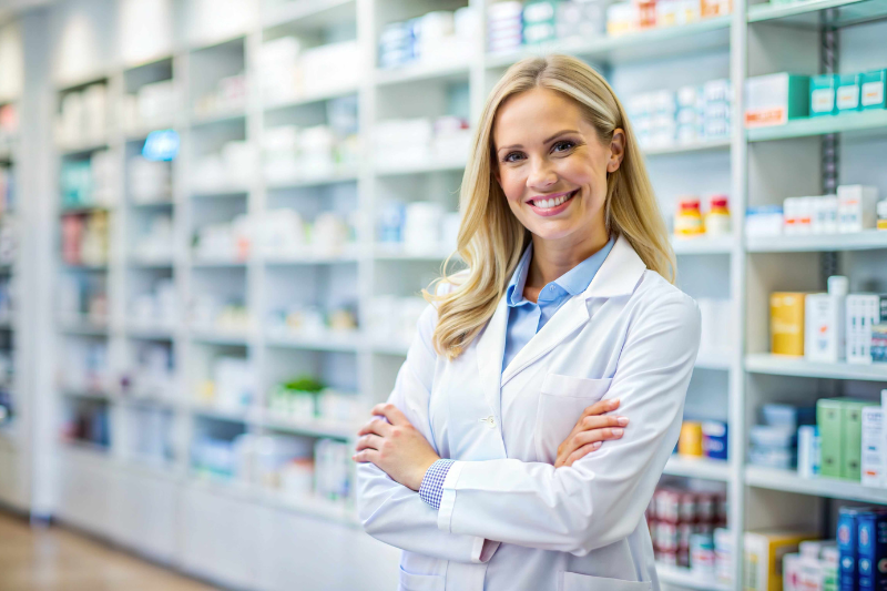 Farmacista sorridente in camice bianco all'interno di una farmacia, in occasione della Giornata mondiale del Farmacista