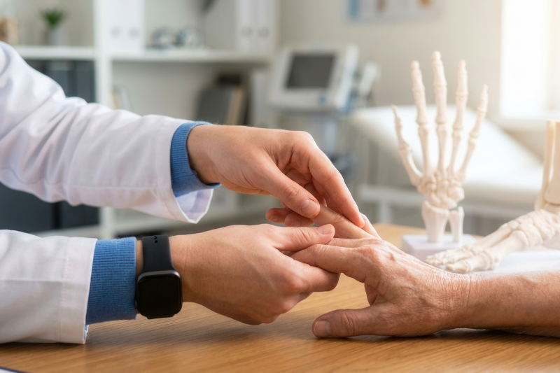 Professionista sanitario che esamina la mano di una persona anziana, con un modello anatomico dello scheletro della mano sullo sfondo, a rappresentare la prevenzione e la salute delle ossa