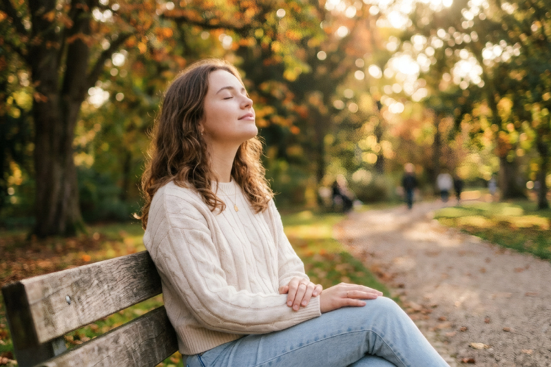 Ragazza sorridente seduta su una panchina in un giardino pieno di alberi con foglie gialle cha cadono simbolo dell'autunno e dell'importanza di preparare le difese naturali per questa stagione.
